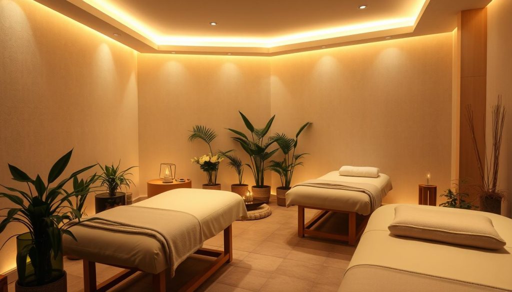 A serene and tranquil massage parlor nestled in the heart of Anadolu Yakası, bathed in warm, diffused lighting that creates a soothing atmosphere. Plush, inviting furnishings and natural elements like potted plants and bamboo accents adorn the space, exuding a sense of relaxation and renewal. Soft, muted colors and textures evoke a calming ambiance, while the layout suggests a focus on privacy and personalized attention. The scene conveys a holistic, wellness-oriented experience, inviting visitors to unwind and rejuvenate in the comfort of this well-appointed sanctuary.