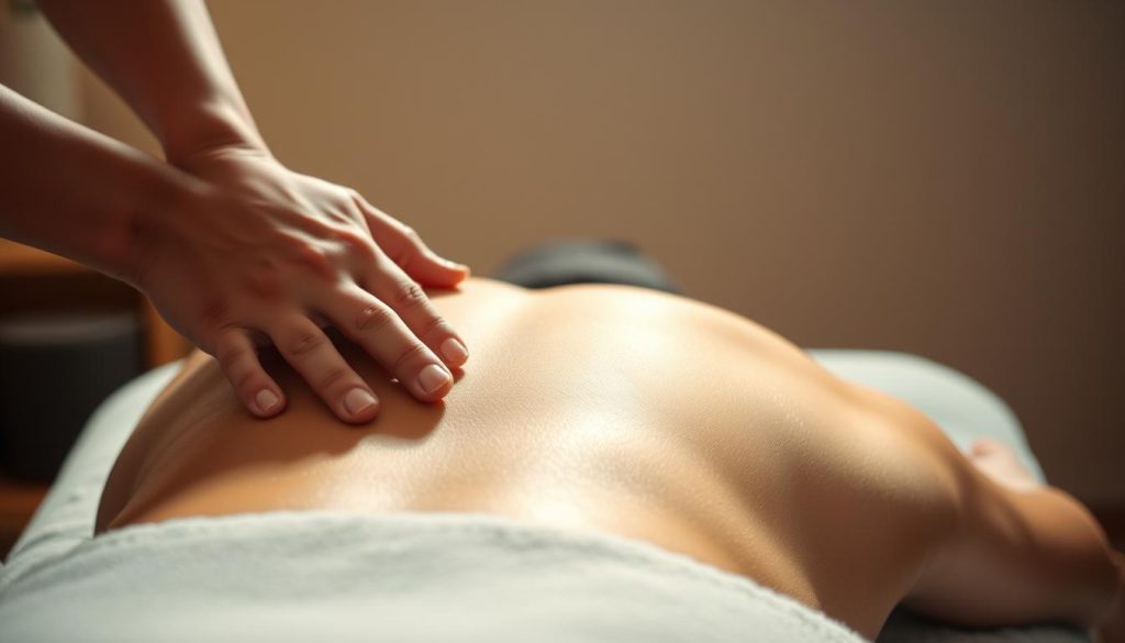 A serene and tranquil massage scene, with a soothing ambient lighting illuminating the subject's back. Soft, delicate strokes from skilled hands glide across the skin, promoting relaxation and circulation. The subtle interplay of shadows and highlights accentuates the contours of the muscles, conveying the therapeutic effects of the massage. A sense of calm and rejuvenation permeates the frame, reflecting the connection between massage and the strengthening of the immune system. The composition is balanced, with a minimalist, spa-like atmosphere that invites the viewer to experience the profound, holistic benefits of this ancient practice.