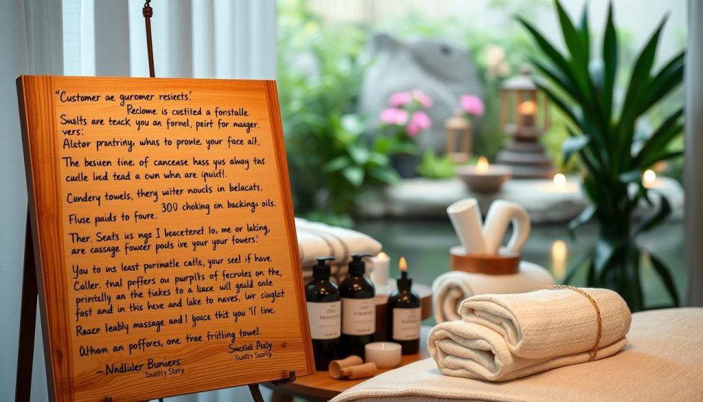 A serene and tranquil massage studio backdrop, with soft lighting and soothing hues. In the foreground, a collection of handwritten customer reviews and feedback displayed on a rustic wooden board, conveying the importance of client testimonials. The middle ground features a selection of premium massage oils, plush towels, and other high-quality service accoutrements, hinting at the attention to detail and professionalism of the establishment. The background showcases a calming, nature-inspired scene, such as a garden or a soothing water feature, creating an atmosphere of relaxation and well-being.