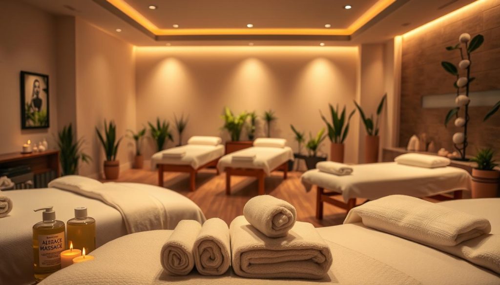A serene and tranquil massage studio, bathed in warm lighting and soothing neutral tones. Various massage modalities are depicted, including Swedish, deep tissue, and aromatherapy. The foreground showcases the tools of the trade - massage oils, lotions, and plush towels. In the middle ground, a collection of massage tables and chairs, inviting the viewer to relax and unwind. The background features calming natural elements, such as potted plants and a zen-inspired water feature. The overall atmosphere evokes a sense of relaxation, wellness, and rejuvenation.