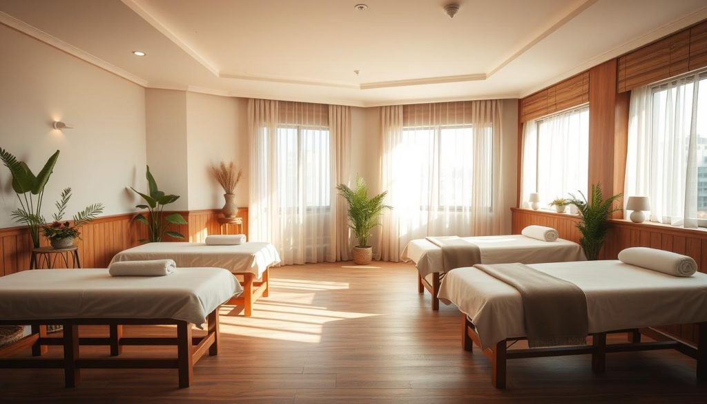 A serene and tranquil massage studio in Beylikdüzü, with a warm, inviting atmosphere. The space is bathed in soft, natural lighting, creating a calming ambiance. Plush massage tables are arranged neatly, ready to provide a rejuvenating experience. Wooden accents and greenery add to the soothing, organic feel of the environment. The scene exudes a sense of professionalism and attention to detail, reflecting the high-quality service offered by the trusted massage therapists within.