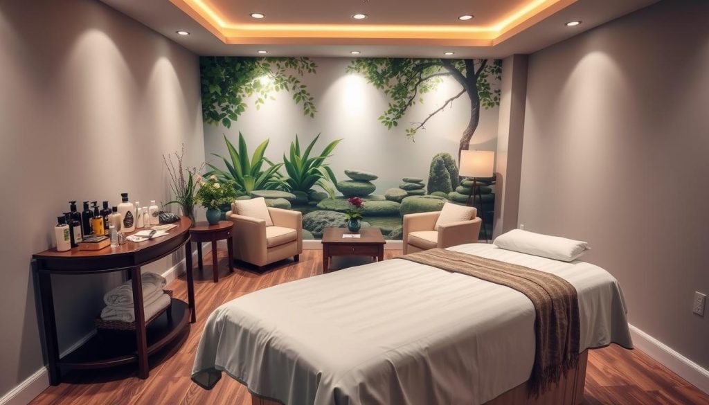 A serene and tranquil massage studio, with calming neutral tones and soft lighting. In the foreground, an elegant massage table draped with plush linens, beckoning the weary. Surrounding the table, an array of massage oils, lotions, and tools, neatly arranged on a wooden side table. In the middle ground, a cozy seating area with comfortable armchairs, inviting the client to relax and unwind. The background features a soothing mural of nature, with lush greenery and a calming water feature, creating a peaceful ambiance. The overall atmosphere exudes a sense of tranquility and professionalism, reflecting the expertise and care of the masaj terapisti.
