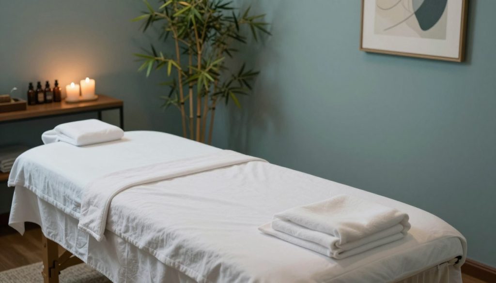 A serene and tranquil massage therapy room designed for men, featuring a professional feel with calming colors like soft blues and greens. In the foreground, a neatly arranged massage table with plush, clean linens. There are aromatic candles and essential oil bottles on a wooden shelf in the background, adding to the atmosphere of relaxation. The room is lit by soft, warm lighting, creating a peaceful ambiance. In one corner, a bamboo plant adds a touch of nature, while a framed abstract art piece hangs on the wall, enhancing the overall aesthetic. The angle of the shot is slightly from above, capturing the soothing environment without any human presence, ensuring a focus on the calming space itself.