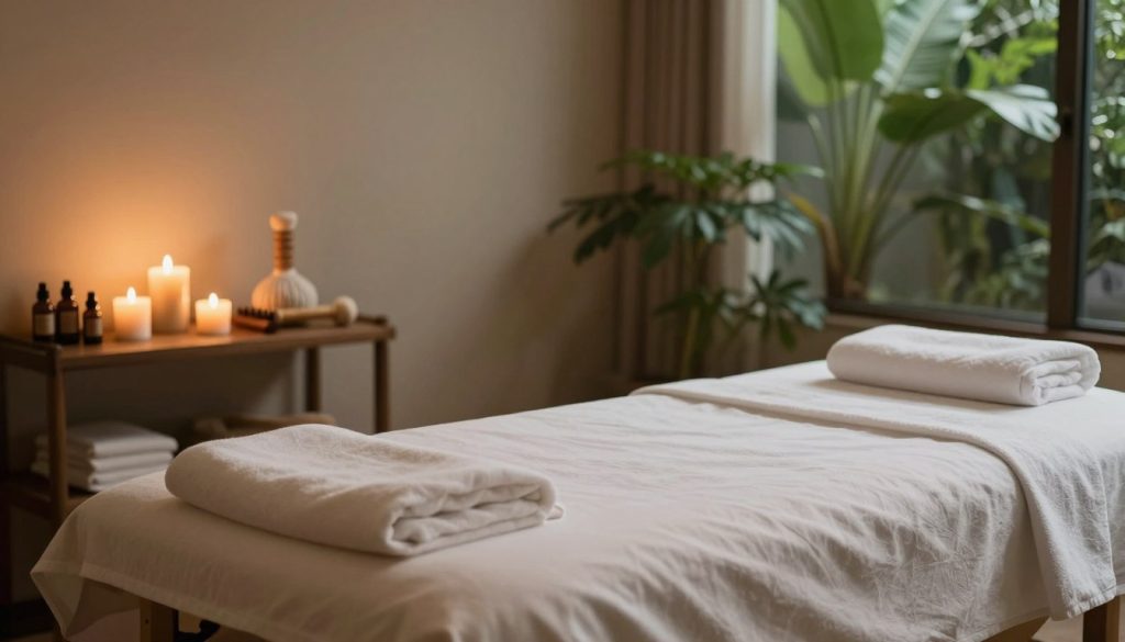 A serene and tranquil massage therapy room featuring a professional massage table in the foreground, elegantly draped with soft, clean linens. Subtle, warm lighting casts a calming glow throughout the space, while essential oils and aromatic candles are artfully arranged on a nearby shelf, adding to the soothing atmosphere. The middle ground showcases various massage tools used for deep tissue techniques, emphasizing the focus on therapeutic relaxation. In the background, lush greenery peeks through a window, inviting nature inside and enhancing the peaceful ambiance. The overall mood is one of relaxation and wellness, capturing the essence of deep tissue massage, with an inviting color palette of soft earth tones and muted greens. The image should be both inviting and informative, conveying the strength and depth of this specific massage type.
