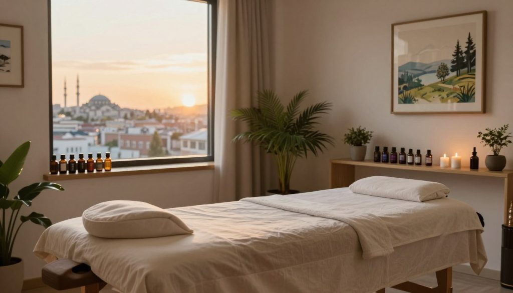 A serene and tranquil massage therapy room set in Istanbul, featuring a yasal çerçeve masaj terapisi (legal framework massage therapy). In the foreground, an elegantly arranged massage table draped in soft, neutral-toned linens. On a nearby shelf, essential oils and herbal remedies neatly displayed, reflecting professionalism and care. The middle of the composition showcases calming elements such as potted plants and peaceful artwork depicting natural landscapes. In the background, a large window reveals a glimpse of Istanbul's skyline, bathed in warm, golden light as the sun sets, creating an inviting atmosphere. The lighting is soft and warm, enhancing the scene's tranquility, with a focus on creating a sense of relaxation and trust in a professional therapeutic environment.