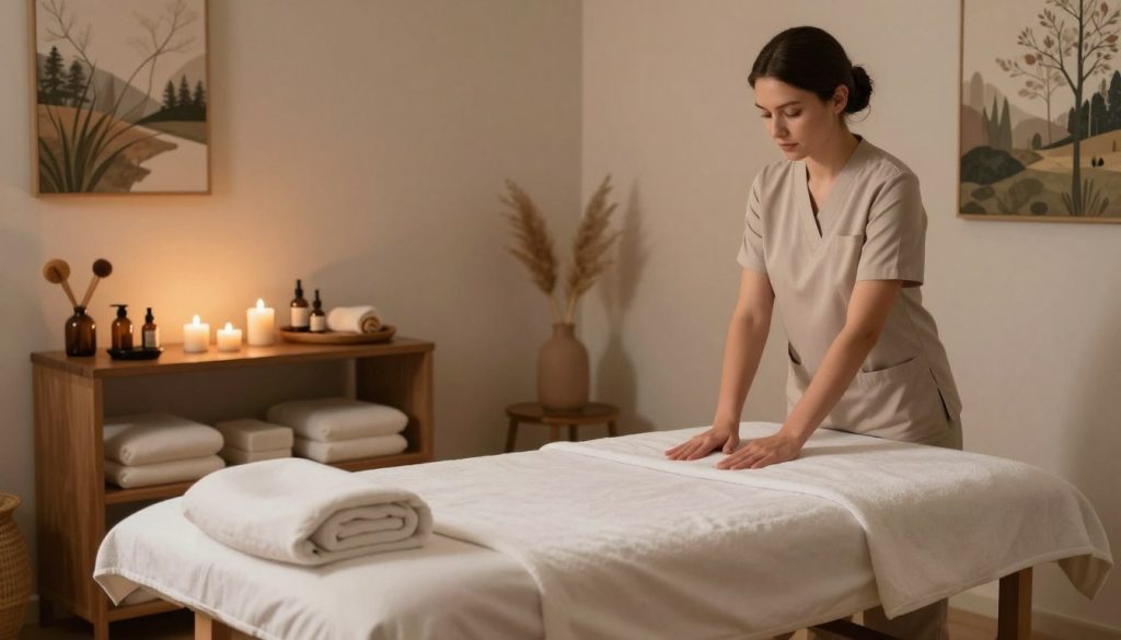 A serene and tranquil massage therapy room, showcasing an inviting atmosphere for relaxation and healing. In the foreground, a neatly arranged massage table with soft, clean linens, surrounded by calming essential oils and candles that emit a warm glow. In the middle ground, a well-organized shelf displaying various massage tools and products, emphasizing professionalism and expertise. The background features soothing nature-themed artwork on the walls, with soft, diffused lighting creating a peaceful ambiance. An overall sense of calm and professionalism permeates the scene, suggesting an ideal environment for expert massage therapy. The color palette consists of soft, earthy tones to enhance tranquility, evoking a sense of trust in the therapist’s skills while ensuring a welcoming ambiance without any human figures present. A serene and tranquil massage therapy room, showcasing an inviting atmosphere for relaxation and healing. In the foreground, a neatly arranged massage table with soft, clean linens, surrounded by calming essential oils and candles that emit a warm glow. In the middle ground, a well-organized shelf displaying various massage tools and products, emphasizing professionalism and expertise. The background features soothing nature-themed artwork on the walls, with soft, diffused lighting creating a peaceful ambiance. An overall sense of calm and professionalism permeates the scene, suggesting an ideal environment for expert massage therapy. The color palette consists of soft, earthy tones to enhance tranquility, evoking a sense of trust in the therapist’s skills while ensuring a welcoming ambiance without any human figures present.