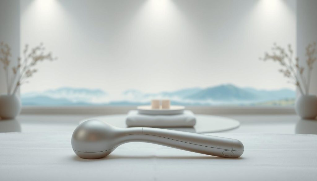 A serene and tranquil massage therapy scene. A high-quality massage tool, the "kafa masaj aleti," sits prominently in the foreground, its sleek and ergonomic design showcasing its purpose. The middle ground features a minimalist and calming environment, with soft, diffused lighting illuminating the space. In the background, a serene and calming natural landscape unfolds, evoking a sense of relaxation and well-being. The overall atmosphere conveys a meditative, soothing, and rejuvenating ambiance, perfectly complementing the article's subject matter of "Masözlerin Dünyası: Sessizlik, Konsantrasyon ve Şifalı Enerji."