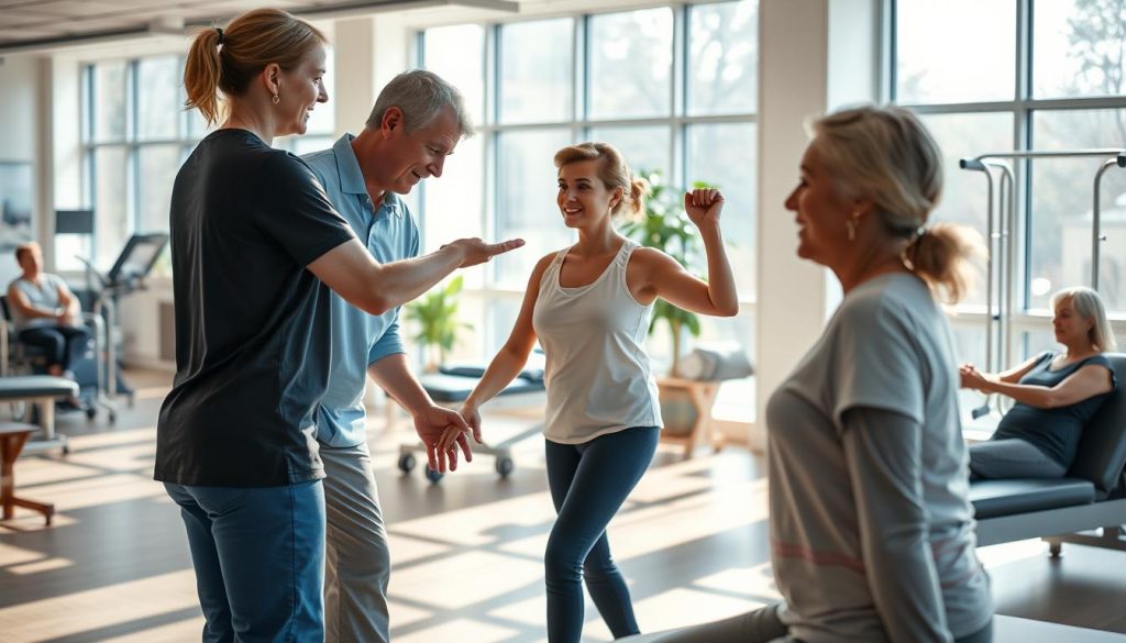 A serene and tranquil scene depicting the advantages of physical therapy. A spacious and well-equipped rehabilitation center, with sunlight streaming through large windows, illuminating the state-of-the-art equipment and soothing decor. In the foreground, a therapist guides a patient through a series of gentle exercises, their movements graceful and purposeful. In the background, other patients engage in various therapeutic activities, their faces radiating a sense of calm and rejuvenation. The overall atmosphere conveys the restorative power of physical therapy, promoting healing, mobility, and a renewed sense of well-being.