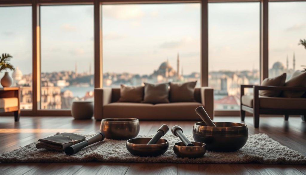 A serene and tranquil scene of a Ses Terapisi (sound therapy) session in Istanbul. The soft, diffused lighting creates a warm and soothing atmosphere, accentuating the natural textures of the wooden furniture and earthy tones. In the foreground, a collection of therapeutic sound bowls and chimes lie atop a plush rug, their surfaces reflecting the gentle illumination. In the middle ground, a comfortable seating area invites the viewer to immerse themselves in the calming soundscape, while the background features a panoramic view of the historic Istanbul skyline, its iconic silhouettes blending seamlessly with the serene ambiance. The overall composition evokes a sense of balance, harmony, and a deep connection with the city's vibrant sensory experiences.