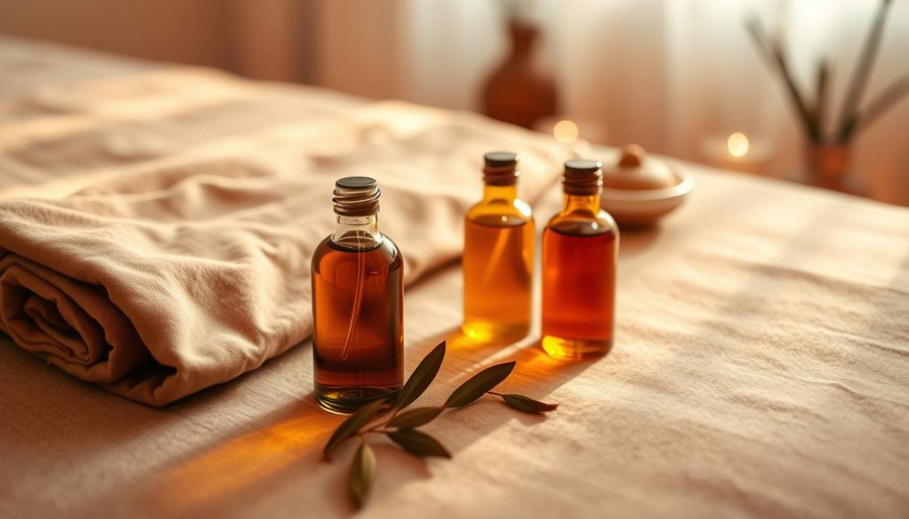 A serene and tranquil scene of a massage table draped in soft, earthy-toned linens. Delicate glass bottles filled with richly-hued, aromatic plant-based oils stand nearby, ready to be gently massaged into the skin. Warm, diffused lighting casts a soothing glow, creating an atmosphere of relaxation and rejuvenation. The camera angle emphasizes the calming, holistic nature of the aromatherapy massage, with a focus on the natural, high-quality ingredients used. No human figures are present, allowing the viewer to immerse themselves in the tranquil, restorative experience.