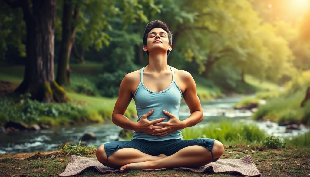 A serene and tranquil scene of a person practicing diaphragmatic breathing, or "belly breathing", in a peaceful natural setting. The individual is seated in a comfortable, cross-legged position, with their eyes closed and their hands resting gently on their abdomen. The background features a lush, verdant landscape with a gentle stream or river flowing nearby, surrounded by towering trees and a soft, diffused natural lighting that creates a calming, meditative atmosphere. The image conveys a sense of inner focus, relaxation, and the restorative power of integrating mindful breathing techniques into one's self-care routine.