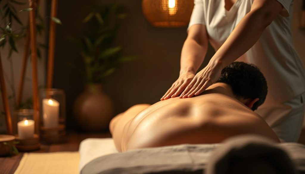 A serene and tranquil shiatsu massage scene, set in a dimly lit, calming studio. The masseuse's skilled hands glide effortlessly over the client's back, guiding the flow of vital energy along the meridian lines. Soft, warm lighting casts a soothing glow, while bamboo and natural elements create an atmosphere of zen-like harmony. The client's face is obscured, allowing the viewer to focus on the meditative experience. The composition captures the essence of shiatsu, a practice that balances the body's energy and promotes deep relaxation.