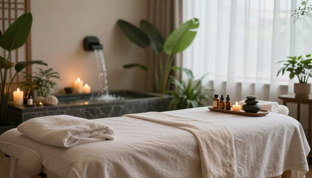 A serene and tranquil spa environment featuring a comfortable massage therapy room. In the foreground, a neatly arranged massage table with soft, neutral-toned sheets, surrounded by candles emitting a warm glow. Essential oils and natural stones are displayed artfully nearby, suggesting relaxation and balance. The middle ground shows lush indoor plants adding a touch of nature, while a gentle waterfall feature creates a soothing sound backdrop. In the background, soft natural light filters through sheer curtains, enhancing the calm atmosphere. The overall mood is peaceful and restorative, with a focus on harmony between mind and body, perfect for illustrating an experience centered on wellness and balance.