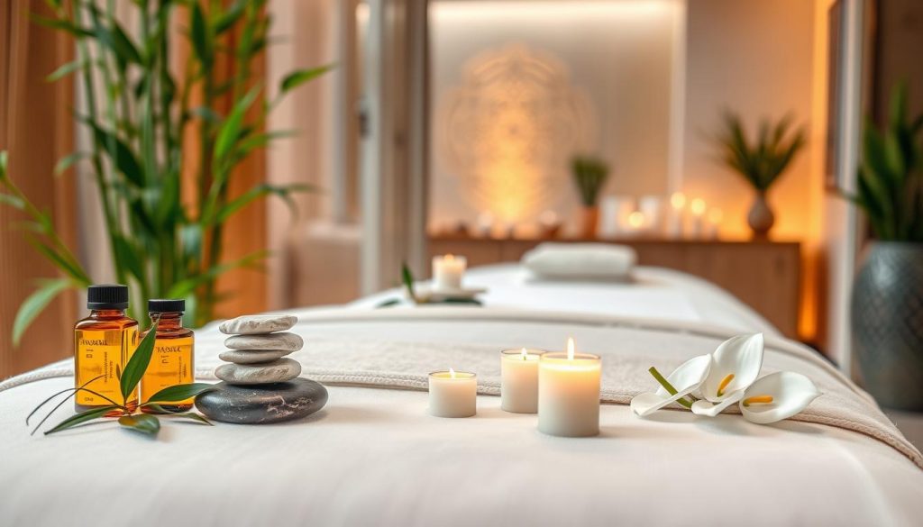 A serene and tranquil spa environment that embodies the essence of healing touch in Istanbul. In the foreground, display elegantly arranged aromatherapy oils, soft, natural stones, and a beautifully crafted massage table adorned with crisp, white linens. The middle section features calming greenery, such as bamboo and peace lilies, and delicate candles emitting a warm glow. In the background, a soft-focus view of an inviting, warmly lit room with subtle Turkish design elements like intricate patterns or textiles, enhancing the atmosphere of relaxation. Soft, diffused lighting that creates a peaceful ambiance, reminiscent of a luxurious spa experience. The overall mood should evoke a sense of serenity and comfort, inviting viewers to explore the world of boutique massage and holistic healing.
