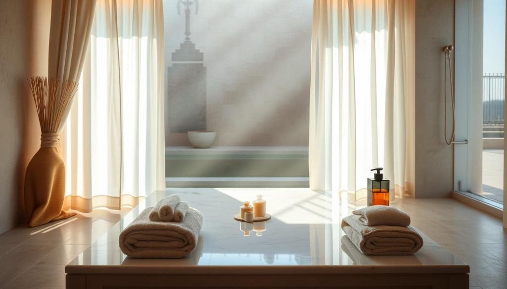 A serene and tranquil spa experience in the Anatolian side of Istanbul, where traditional Turkish baths and modern wellness treatments coexist harmoniously. The scene depicts a softly lit, minimalist interior with natural materials and soothing colors. A central focal point showcases a luxurious and inviting heated marble slab, surrounded by plush towels and aromatic oils. Diffused lighting filters through sheer curtains, creating a calming ambiance. The background features a subtle blend of architectural elements that evoke the rich cultural heritage of the region. An overall sense of balance, relaxation, and wellness pervades the scene.