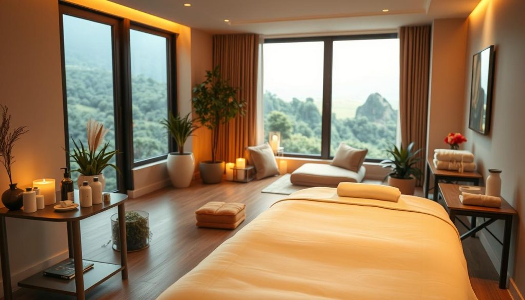A serene and tranquil spa-like setting, featuring a modern and well-equipped massage therapy room. The room is bathed in warm, soft lighting, creating a calming and relaxing atmosphere. In the foreground, a high-quality massage table with crisp white linens stands ready for the massage session. Nearby, various massage oils, lotions, and tools are neatly arranged on a side table. The middle ground showcases soothing decor elements, such as potted plants, candles, and a plush seating area. In the background, a large window offers a view of a lush, verdant landscape, further enhancing the peaceful and rejuvenating ambiance. The overall scene conveys a sense of professionalism, comfort, and the promise of a truly restorative massage and spa experience.