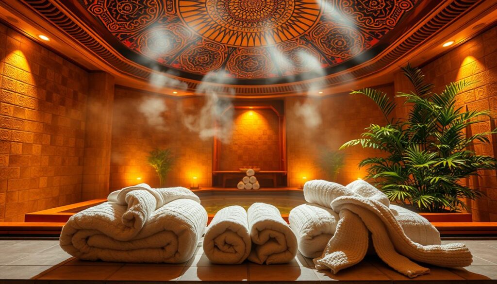 A serene and tranquil spa-like setting, with a traditional Turkish hamam (bathhouse) as the central focus. The room is filled with warm, golden light, creating a cozy and inviting atmosphere. The hamam's domed ceiling is adorned with intricate tile patterns, casting beautiful reflections on the steam-filled air. In the foreground, plush towels and luxurious robes are neatly folded, inviting the viewer to indulge in a moment of pure relaxation. The background features lush greenery, adding a sense of balance and harmony to the scene. The overall impression is one of total rejuvenation and wellness, perfectly encapsulating the "Spa ve Hamam Deneyimleriyle Bütünsel Rahatlama" theme.