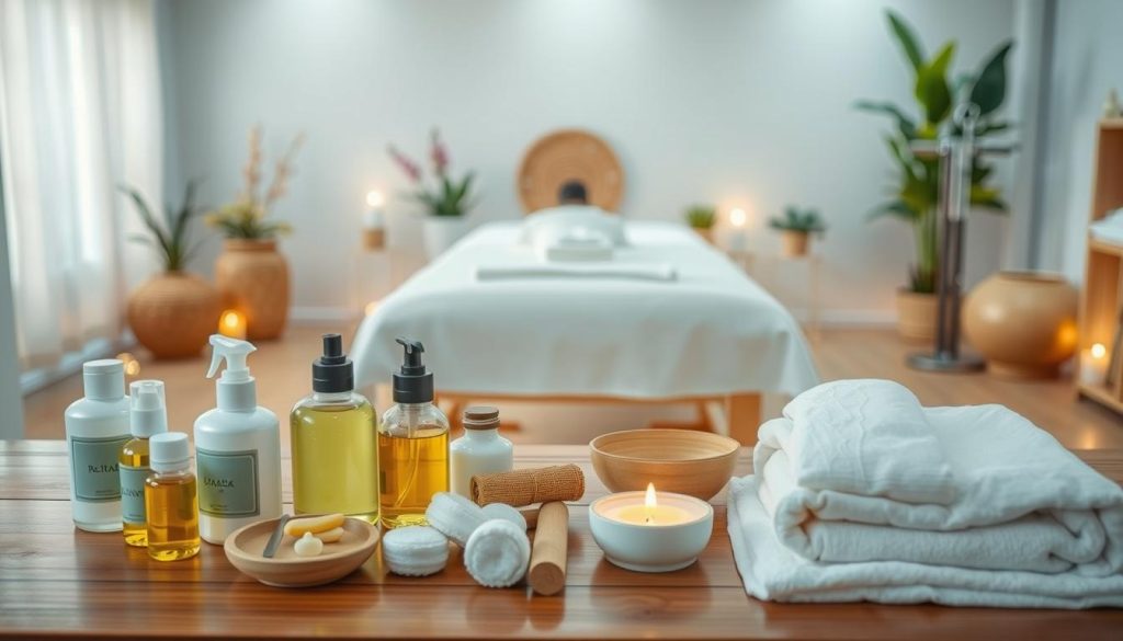 A serene and tranquil spa-like setting, with a variety of massage techniques on display. The foreground features an array of massage oils, lotions, and tools, neatly arranged on a polished wooden surface. In the middle ground, a massage table is positioned, draped with crisp, white linens, inviting the viewer to envision the relaxing experience. The background depicts a calming, minimalist environment with soothing natural elements, such as potted plants and soft, diffused lighting, creating an atmosphere of well-being and rejuvenation. The overall mood is one of peaceful tranquility, reflecting the diverse range of massage techniques available in the region.