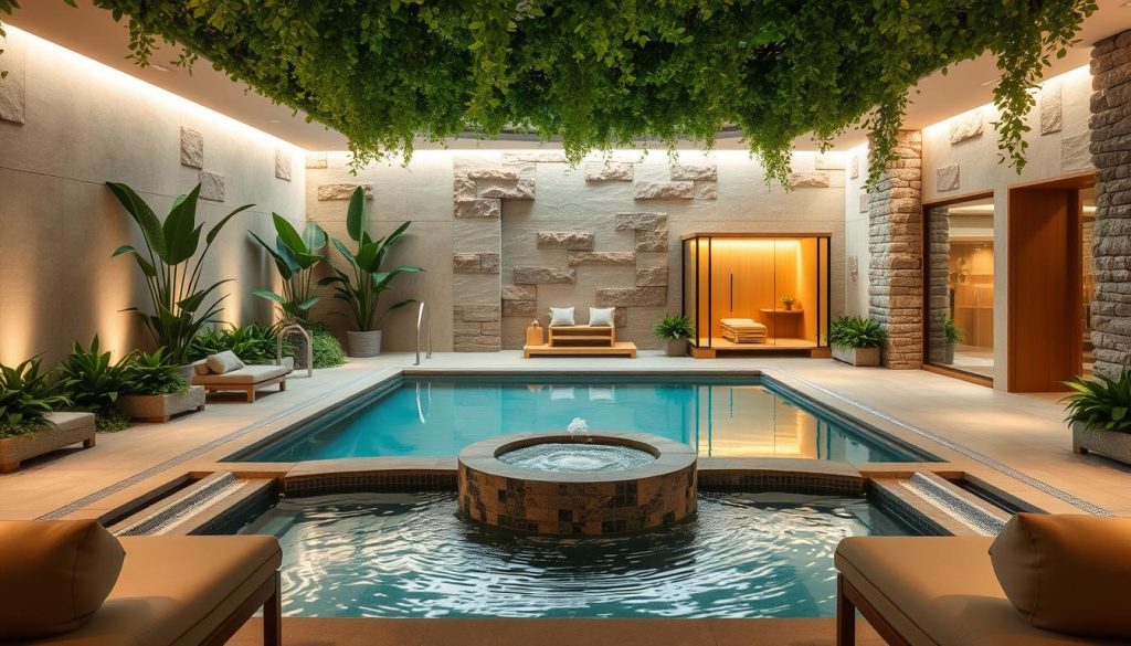 A serene and tranquil spa retreat, with an inviting indoor pool surrounded by lush greenery and natural stone walls. Soft lighting creates a warm, calming atmosphere, while plush lounge chairs and a central water feature promote a sense of relaxation. In the background, a glass-enclosed sauna and steam room offer rejuvenating wellness experiences. The space is designed with natural materials, clean lines, and a focus on bringing the outdoors in, creating a sanctuary for urban wellness.