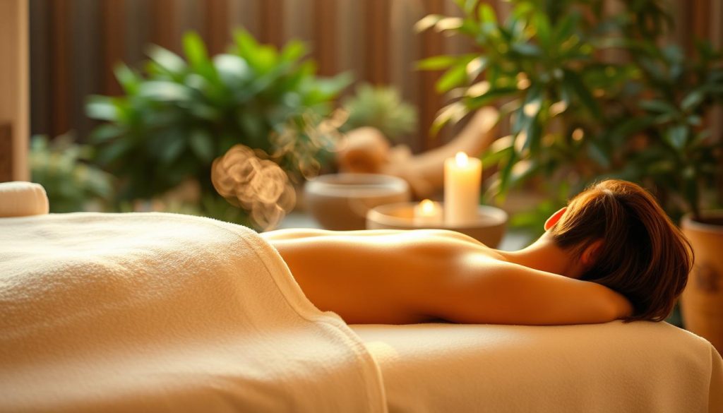A serene and tranquil spa scene, bathed in warm, soothing lighting. The focal point is a relaxing massage table, its plush surface inviting the viewer to indulge in the restorative power of touch. Wisps of steam gently rise, evoking a sense of rejuvenation. The background features lush greenery, perhaps a zen garden, creating a harmonious and calming atmosphere. Soft, neutral tones predominate, conveying a sense of balance and well-being. The overall composition emphasizes the therapeutic benefits of massage, promoting a state of deep relaxation and holistic healing.