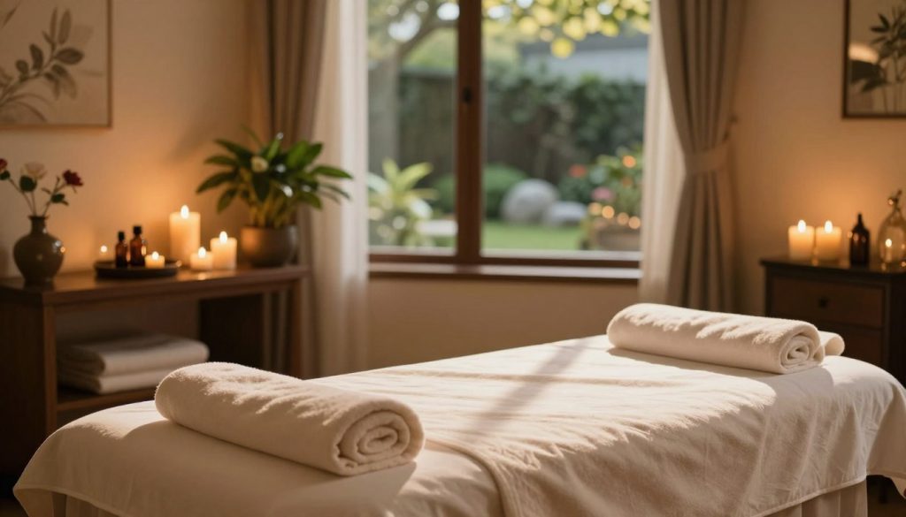 A serene and tranquil spa scene depicting a luxurious boutique massage environment. In the foreground, a neatly arranged massage bed with plush towels and calming essential oils, softly lit by warm, ambient lighting. In the middle, a beautifully decorated room with elegant decor, including candles, potted plants, and calming colors to create a relaxing atmosphere. The background features a large window revealing a peaceful garden, filtered sunlight casting gentle shadows across the room. Overall, the composition emanates a sense of relaxation and refinement, inviting viewers to appreciate the comforting appeal of boutique massage services. The mood is calming and serene, perfect for illustrating the essence of a personalized massage experience.