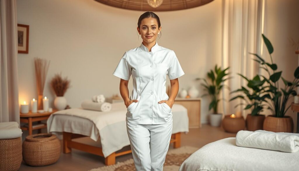 A serene and tranquil spa setting, featuring a well-appointed massage therapy room with soft lighting and natural textures. In the foreground, a professional masseuse dressed in a crisp white uniform stands ready to provide a soothing and rejuvenating massage experience. The middle ground showcases an array of holistic wellness tools and accoutrements, hinting at the expertise and care provided by the skilled therapists. The background depicts a calming, spa-like ambiance with potted plants, soft fabrics, and a sense of relaxation and restoration. The overall scene conveys a sense of professionalism, comfort, and the promise of a transformative massage journey.