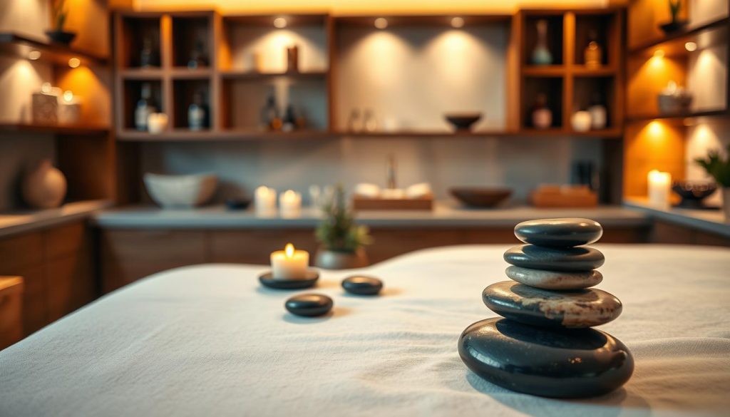 A serene and tranquil spa setting, showcasing an elegant massage room designed for "Ataköy sıcak taş masajı." In the foreground, a beautifully arranged massage table with smooth, warm healing stones carefully placed on a clean white sheet, casting soft, gentle shadows. In the middle, calming elements such as soothing candles, delicate stones, and a small potted plant, enhancing the relaxation atmosphere. The background features soft ambient lighting with warm tones that create a cozy and inviting environment. A blurred selection of luxurious wooden shelves displaying essential oils and attractive spa decor. The overall mood is peaceful and rejuvenating, inviting viewers to imagine the soothing experience of a hot stone massage.