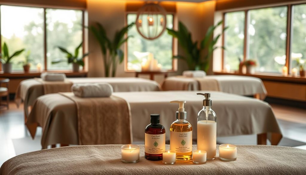 A serene and tranquil spa setting, with expertly crafted massage tables adorned with plush linens, surrounded by soothing greenery and natural light filtering through large windows. Soft, ambient lighting illuminates the space, creating a calming atmosphere. In the foreground, a selection of high-quality massage oils and candles, meticulously arranged to convey the professionalism and expertise of the masseuses. The overall scene evokes a sense of relaxation and rejuvenation, reflecting the art and care that skilled masseuses bring to their craft.