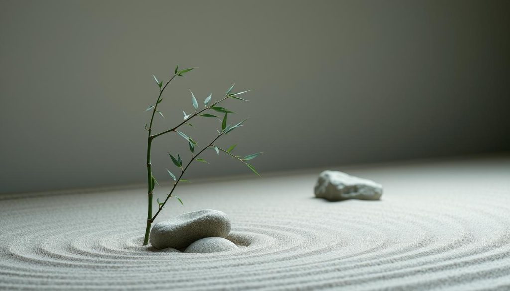 A serene and tranquil zen garden, with carefully raked sand and strategically placed rocks. A single, graceful bamboo plant sways gently in a soft breeze. The atmosphere is calming and meditative, with muted hues of green, gray, and brown. Soft, diffused lighting creates a sense of peace and introspection. The overall scene conveys a feeling of inner calm and mental rejuvenation, perfectly capturing the essence of "Stresi azaltır ve zihinsel rahatlama sağlar".