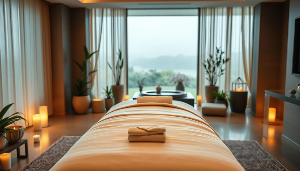 A serene and welcoming spa setting with a cozy, relaxing atmosphere. In the foreground, a beautifully designed massage table with plush linens and soft lighting, inviting the viewer to experience the soothing touch of a skilled female massage therapist. The middle ground features an elegant and tranquil interior with natural elements like potted plants, soothing water features, and warm, muted colors. The background depicts a tranquil outdoor scene, perhaps a lush garden or a scenic window view, creating a sense of harmony and balance. The overall composition evokes a high-end, luxurious spa experience that caters to the discerning clientele seeking the expertise of talented female massage practitioners.