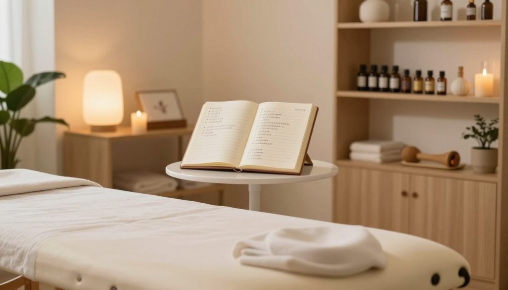 A serene and well-organized medical massage room, featuring a professional massage table in the foreground, surrounded by soothing decor. In the middle ground, display an open notebook on a small table, showcasing a detailed session plan with bullet points about the massage process, duration, and techniques. Soft ambient lighting creates a calming atmosphere, illuminating the space warmly. The background reveals shelves filled with essential oils and massage tools, as well as a potted plant that adds a touch of nature. The scene captures tranquility and professionalism, emphasizing the importance of a structured approach to medical massage therapy, conveying a sense of relaxation and healing.