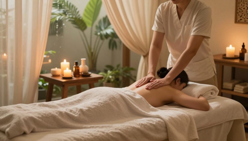A serene antistress massage scene, showcasing a calming indoor space designed for relaxation. In the foreground, a plush massage table is adorned with soft, neutral-toned linens, inviting comfort. Gentle, warm ambient lighting filters through sheer drapery, creating a soothing glow that enhances the tranquil atmosphere. In the middle ground, a pair of professional massage oils and aromatic candles are arranged aesthetically on a wooden side table, contributing to the peaceful setting. The background features lush greenery and soft, flowing water, adding a natural touch to the environment. The overall mood exudes tranquility and relaxation, making it an ideal visual representation of stress relief and serene rejuvenation, perfect for illustrating the concept of antistress massage.