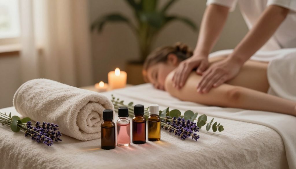 A serene aromatherapy massage scene featuring an elegantly arranged massage table adorned with soft, plush towels and essential oil bottles. The foreground shows delicate vials of various essential oils in rich hues, alongside fresh herbs like lavender and eucalyptus to enhance the sensory experience. In the middle ground, the soothing ambiance is highlighted by a softly glowing candle, casting warm light and gentle shadows throughout the space. The background is filled with calming greenery and soft fabric drapes, creating an inviting atmosphere. The overall mood is tranquil and relaxing, with soft, diffused lighting that promotes a sense of well-being and relaxation, perfect for a massage therapy experience. The composition is viewed from a slightly elevated angle to capture the entire scene harmoniously.