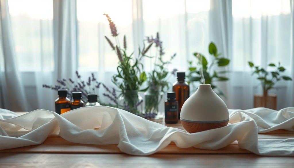 A serene aromatherapy scene ideal for mental balance, featuring an elegantly arranged selection of essential oils in glass bottles on a wooden table. In the foreground, soft, translucent fabrics drape elegantly, creating a gentle flow, while a delicate ceramic diffuser emits wisps of fragrant steam. The middle section showcases an array of plants and herbs, such as lavender and eucalyptus, enhancing the natural atmosphere. In the background, a soft morning light filters through sheer curtains, casting a warm glow over the space, evoking a peaceful and rejuvenating ambiance. The entire composition radiates tranquility and a sense of new beginnings, perfect for a fresh morning ritual.