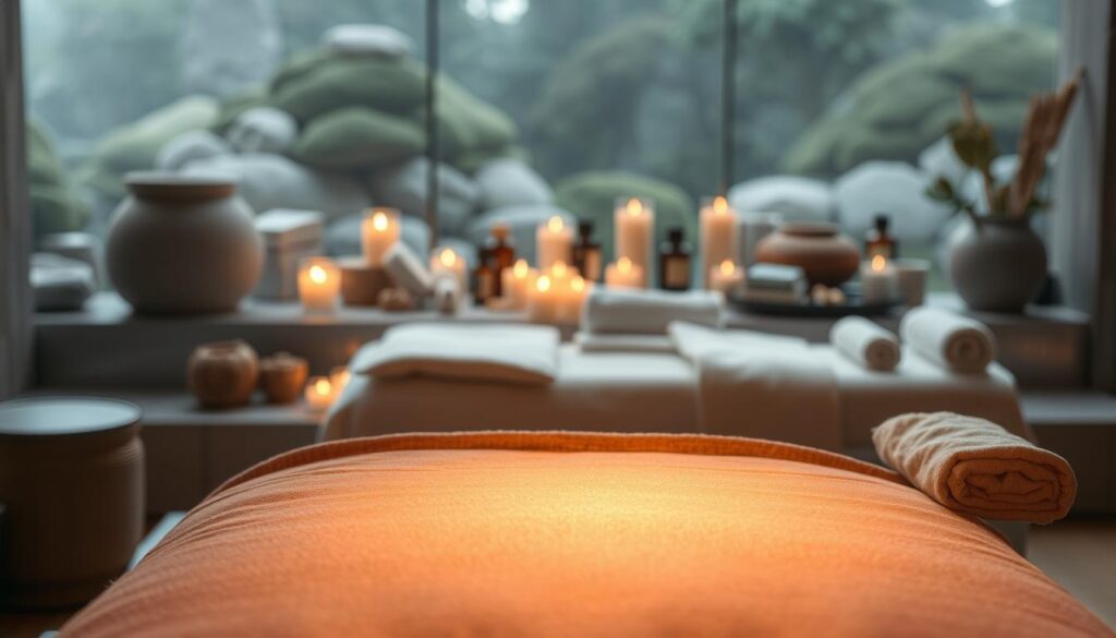 A serene, atmospheric spa scene with a variety of soothing massage options. In the foreground, a plush, richly-textured massage table is illuminated by warm, diffused lighting. Soft linens and fluffy pillows create an inviting, tranquil environment. In the middle ground, various massage tools and accoutrements are artfully arranged, including aromatherapy candles, essential oils, and comforting textiles. The background features a tranquil, nature-inspired setting, perhaps with soft, muted tones of stone, wood, and greenery to evoke a sense of calm and relaxation. Overall, the image should convey an air of peaceful, luxurious indulgence - the perfect embodiment of a premium family spa experience in Istanbul.