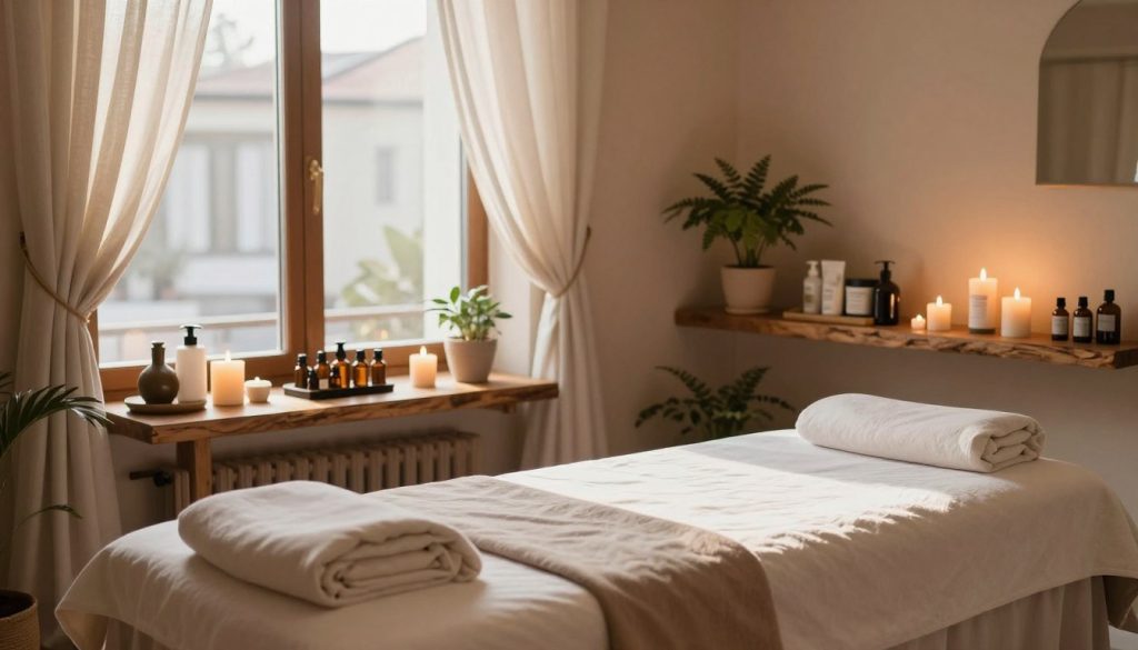 A serene boutique massage studio in Istanbul’s Anadolu Yakası, featuring a tranquil and inviting atmosphere. In the foreground, a beautifully arranged massage table adorned with soft, neutral-toned linens and surrounded by delicate candles. In the middle ground, essential oils and soothing spa products are neatly displayed on a rustic wooden shelf. The background reveals a large window allowing soft, ambient sunlight to fill the room, featuring light, sheer curtains fluttering slightly in a gentle breeze. The walls are painted in calming earth tones, complemented by potted plants for a touch of nature. The overall mood is peaceful and relaxing, embodying the essence of a high-quality massage experience. The lighting should highlight the textures and colors, creating a warm and inviting ambiance.