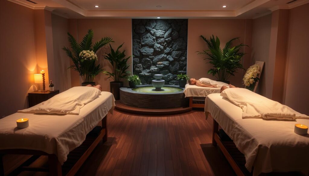 A serene, candlelit massage studio in Kadıköy, with soft, diffused lighting casting a warm glow. Elegant wooden massage tables take center stage, adorned with plush, cream-colored linens. In the background, lush potted plants and a soothing water feature create a tranquil ambiance. On the tables, skilled masseuses perform a variety of professional techniques, including deep tissue, Swedish, and aromatherapy massages, their movements graceful and deliberate. The focus is on the massage process, showcasing the expertise and care of the Kadıköy massage practitioners.
