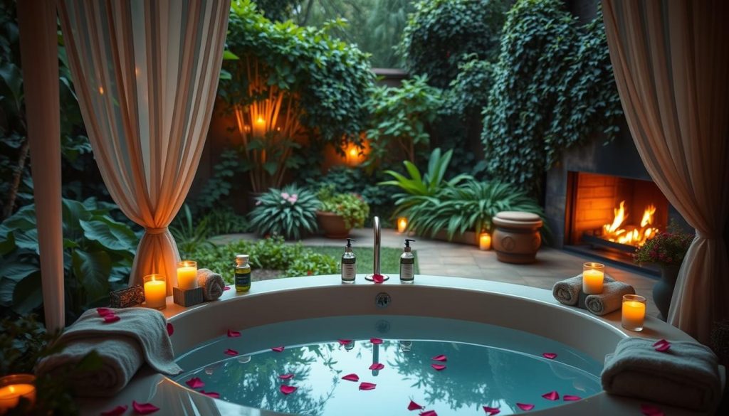 A serene, candlelit spa suite nestled in a lush, secluded garden. Soft, warm lighting filters through sheer curtains, casting a romantic glow. A luxurious, oversized tub takes center stage, surrounded by fragrant flowers and verdant greenery. Plush towels, scented oils, and rose petals hint at the indulgent pampering to come. In the background, a cozy fireplace crackles, creating an intimate, cocooning atmosphere perfect for a couple's wellness retreat.