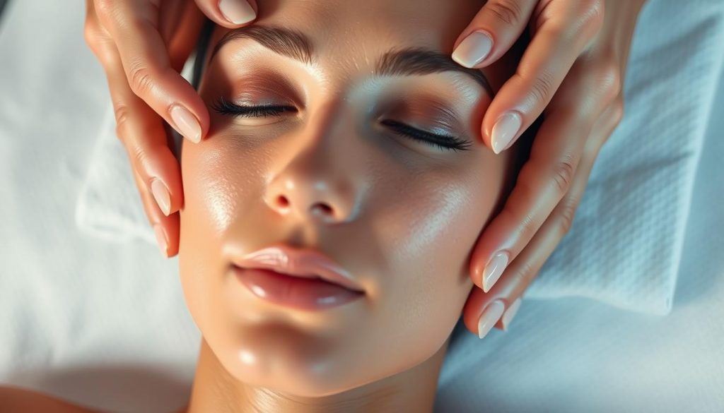 A serene, close-up facial massage scene in a softly lit, tranquil environment. The model's face is gently cradled by delicate hands, fingers methodically working along the contours of the cheeks, temples, and forehead in flowing, circular motions. Subtle highlights accentuate the natural facial features, while a soothing, diffused lighting creates a relaxed, spa-like ambiance. The composition focuses on the massage process, emphasizing the technical details of the techniques applied to the eyes, neck, and brow regions. The overall mood is one of deep relaxation and rejuvenation.