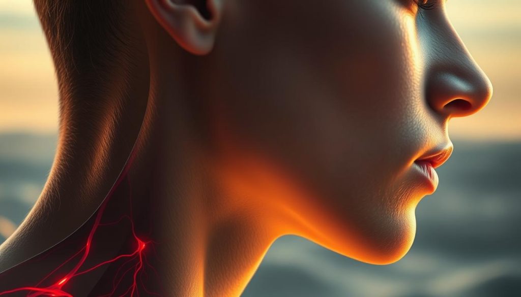 A serene, close-up view of a human face in profile, with the skin softly illuminated by warm, natural lighting. The focus is on the neck and jawline, where the delicate circulatory system is visible, with intricate networks of blood vessels pulsing with vibrant crimson hues. The background is a muted, ethereal landscape, hinting at the deeper, scientific principles underlying the physiological processes of the body. The overall composition conveys a sense of tranquility and wonder, inviting the viewer to contemplate the remarkable complexity of the human form.