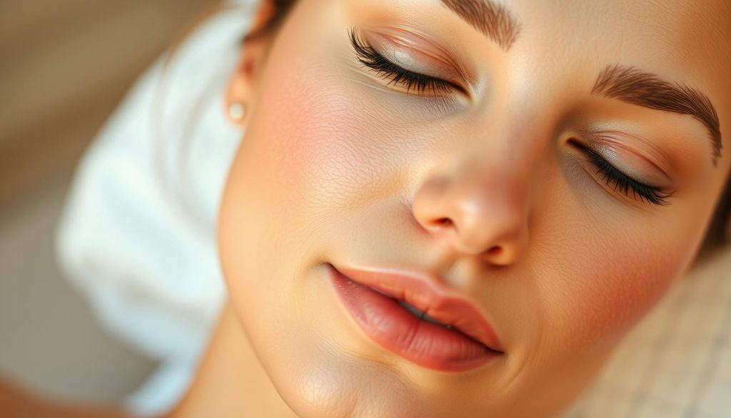 A serene, close-up view of a woman's face, with a soft, glowing complexion and a tranquil expression. Her skin appears radiant, with a subtle sheen that suggests a recent massage or moisturizing treatment. The lighting is warm and diffused, creating a gentle, relaxed atmosphere. The focus is on the forefront of the face, allowing the viewer to appreciate the healthy, hydrated appearance of the skin. The background is blurred, minimizing distractions and placing the emphasis on the skin's nourished, revitalized state. The image conveys a sense of inner and outer rejuvenation, reflecting the benefits of massage and skin care.