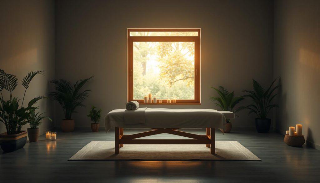 A serene, contemplative scene depicting the physical and mental effects of massage. In the foreground, soft, diffused light illuminates a tranquil, minimalist interior with muted tones. A massage table occupies the central space, its clean lines and plush cushions inviting relaxation. Surrounding the table, lush potted plants and a scattering of candles create a soothing, natural ambiance. In the background, a large window allows natural light to filter in, casting a warm, golden glow and hinting at the calming outdoor environment beyond. The overall mood is one of deep tranquility, balance, and holistic well-being, capturing the restorative power of massage for the body and mind.