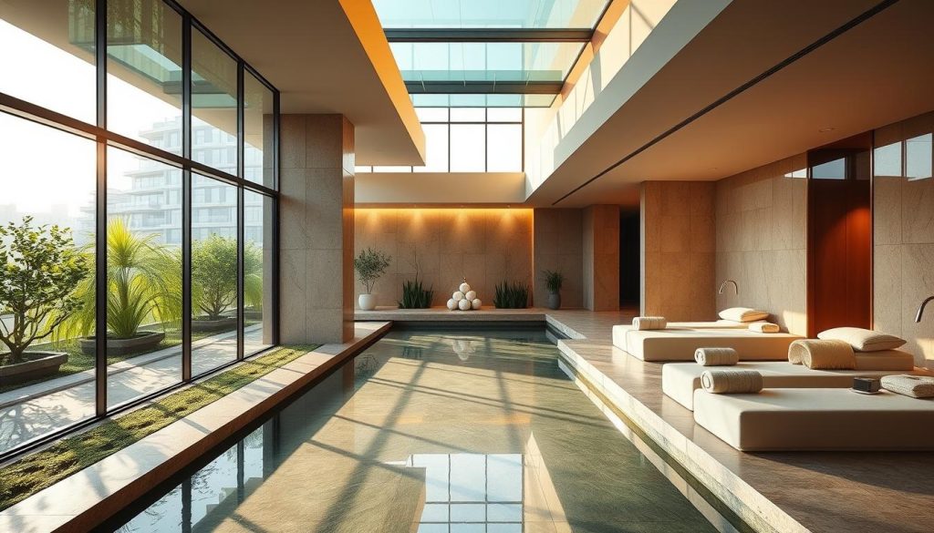 A serene, contemporary spa nestled in the heart of Istanbul's Anatolian side, featuring sleek glass and stone architecture bathed in warm, diffused natural lighting. Elegant treatment rooms offer soothing massages and rejuvenating rituals, while a tranquil oasis of lush greenery and soothing water features creates a sense of urban zen. Soft textures, clean lines, and a palette of earthy tones evoke a harmonious, restorative ambiance perfect for unwinding and recharging amidst the bustling city.