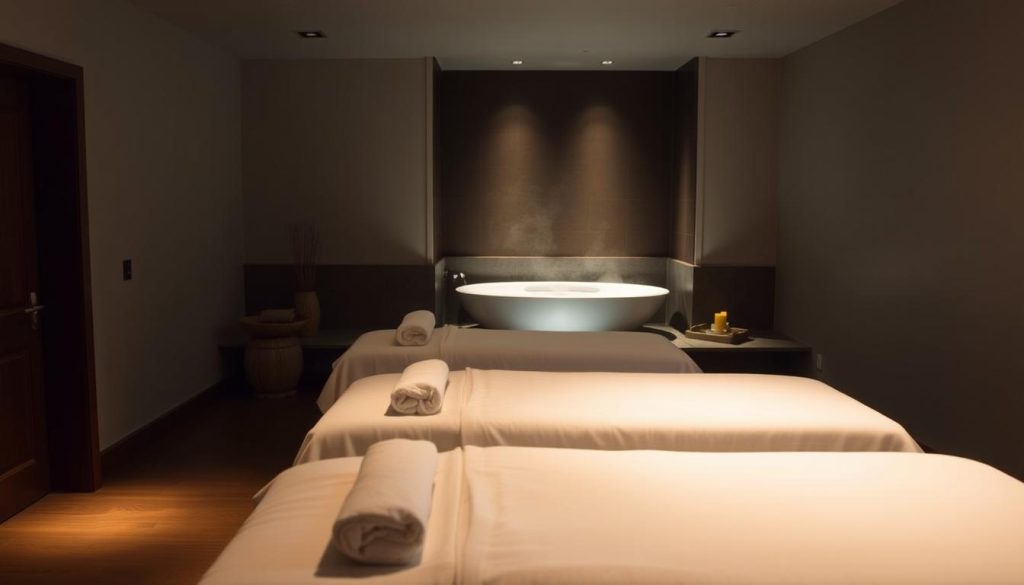 A serene couples' spa retreat, with two plush massage tables set side-by-side in a tranquil, dimly-lit room. Soft, ambient lighting casts a warm glow, highlighting the luxurious textures of crisp white linens and natural wood accents. In the background, a large, inviting jacuzzi tub sits nestled in a nook, steam gently rising. The atmosphere is one of intimate relaxation, with the focus on pampering and rejuvenation for two.