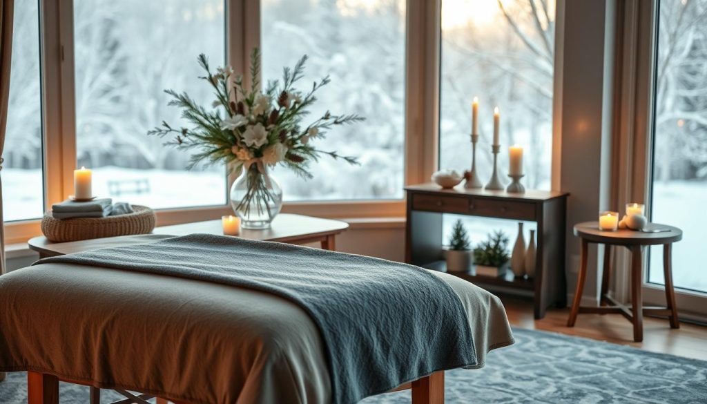 A serene, cozy scene of a winter wellness routine. A plush, inviting massage table stands in the foreground, adorned with soft, luxurious textiles in calming hues of blue and gray. In the middle ground, an elegant vase of winter flora - pine branches, pinecones, and delicate white flowers - rests on a polished wooden side table. The background depicts a tranquil, snow-covered landscape visible through large, airy windows, bathed in the warm, diffused glow of natural light. Candles flicker, casting a gentle, soothing ambiance throughout the space. An atmosphere of self-care, relaxation, and rejuvenation pervades the scene.