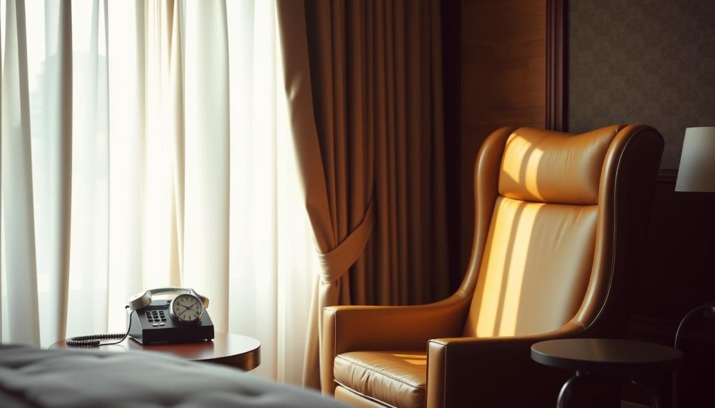 A serene, dimly lit hotel room with warm lighting and soft textures. A wooden nightstand with a sleek black telephone and a vintage-style alarm clock. An elegant, high-backed leather chair positioned next to a small side table, inviting the viewer to sit and plan their day. The room is tastefully decorated with subtle patterns and muted colors, creating a sense of tranquility and sophistication. The curtains are slightly parted, allowing a gentle stream of natural light to filter in, casting a soft glow throughout the space. The overall atmosphere is one of relaxation and thoughtful preparation, setting the stage for an exceptional massage experience.