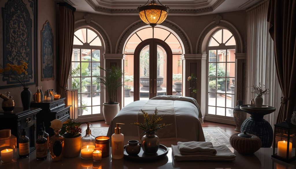 A serene, dimly lit interior of a high-end İstanbul massage salon. Plush, luxurious decor with ornate Turkish design elements, soft ambient lighting, and an inviting atmosphere. In the foreground, a display of various massage oils, lotions, and therapeutic tools. In the middle ground, a massage table draped in fine linens, surrounded by delicate potted plants and subtle Asian-inspired accents. The background features elegant arched doorways, rich textiles, and a glimpse of a tranquil courtyard garden beyond. The overall scene conveys a sense of relaxation, pampering, and authentic Turkish wellness experience.