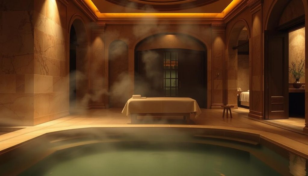 A serene, dimly lit interior of a traditional Turkish bathhouse, the Anadolu Yakası spa experience. Warm, earthy tones of the marble and stone walls create a sense of tranquility. Soft, diffused lighting casts a gentle glow, highlighting the ornate architectural details. In the foreground, a sunken pool of steaming water, its surface gently rippling. Wisps of fragrant steam rise, creating an atmospheric mist. In the middle ground, a massage table draped in plush linens, signifying the blend of centuries-old hammam ritual and modern therapeutic treatments. The background features additional private treatment rooms, their doorways partially obscured, hinting at the expansive nature of this holistic wellness haven.