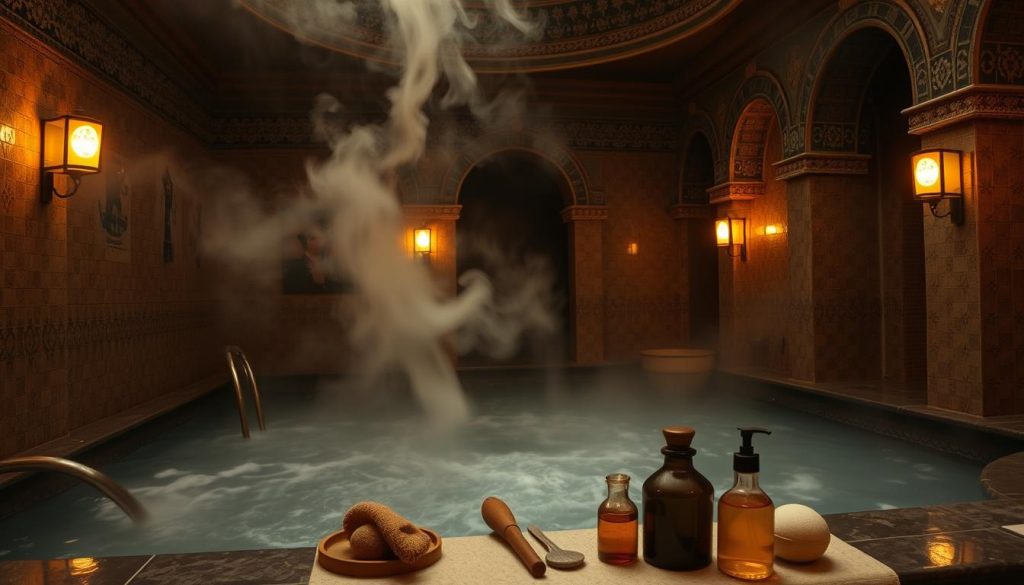 A serene, dimly lit interior of an Ottoman-style hammam, where swirling steam and the gentle hum of water evoke the timeless ritual of massage. Ornate tiled walls and arched ceilings create an atmosphere of tranquility, while soft lighting casts a warm, amber glow. In the foreground, a display of traditional massage tools and oils, hinting at the ancient wisdom and techniques that have been passed down through generations. The scene captures the cultural essence of Istanbul's enduring masaj culture, a practice that has long been woven into the fabric of the city's identity.
