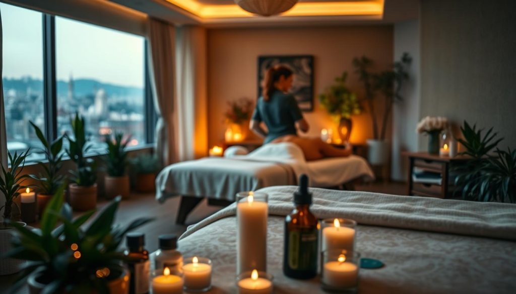 A serene, dimly lit massage center in Istanbul, with warm lighting casting a soothing glow. Soft, plush massage tables surrounded by potted plants and natural decor, creating a tranquil, spa-like atmosphere. In the foreground, a selection of essential oils and aromatherapy candles, their scents subtly wafting through the air. The middle ground features a skilled masseuse, their hands gently kneading a client's back, promoting relaxation and wellness. The background is a blurred, calming scene of the city outside, with the faint sounds of the bustling metropolis muted, allowing for a peaceful, immersive experience.